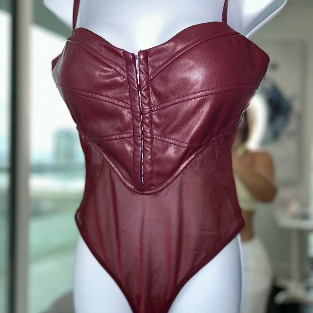 Faux Leather Burgundy Bodysuit Medium